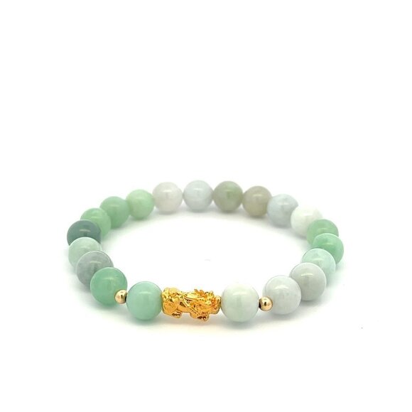 Unbranded Jewelry - 18K Gold Dragon Pixiu Piyao Lucky Charm Bead Bracelet Gemstone Jadeite Jade 8mm